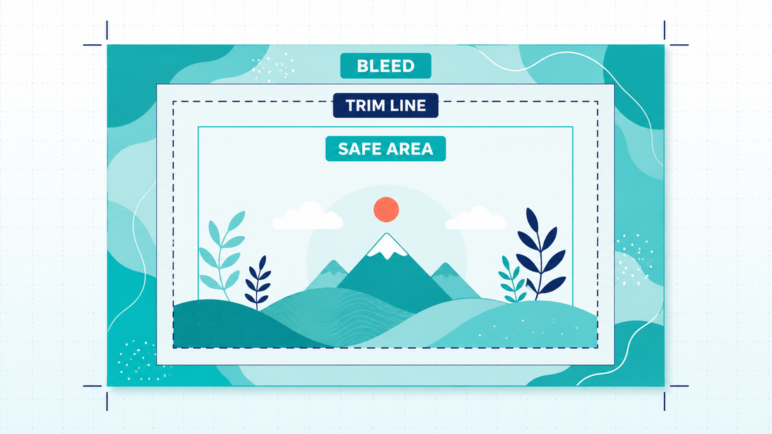Diagram showing bleed, trim line, and safe area for a print design