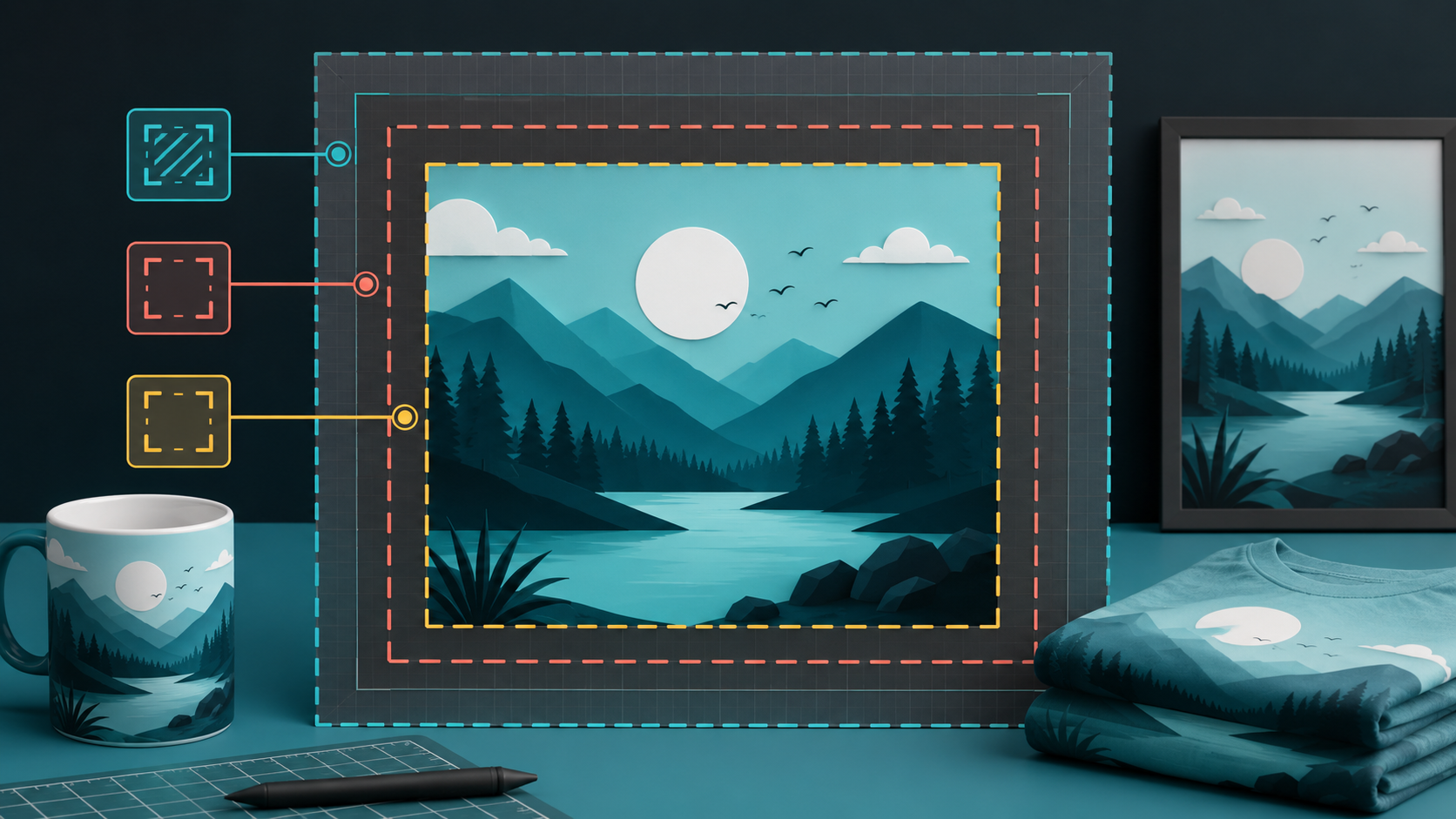 Print-on-demand design showing bleed, trim, and safe-area boundaries with a mug, shirt, and wall-art print