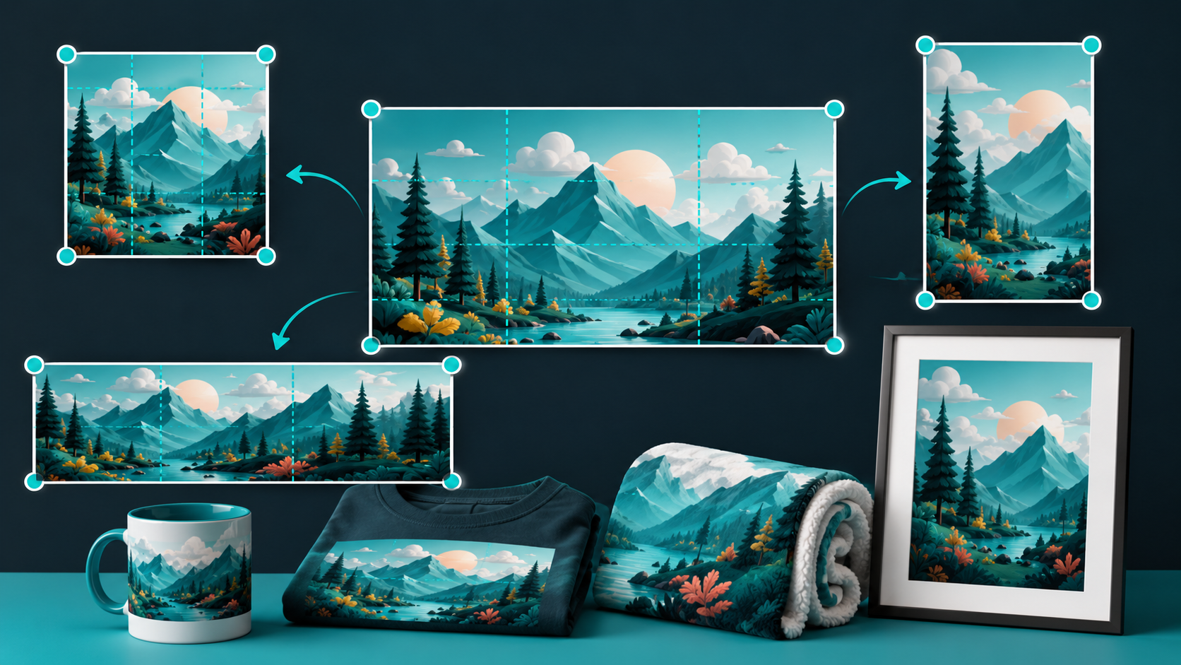 One landscape design adapted proportionally for different print-on-demand product shapes and aspect ratios